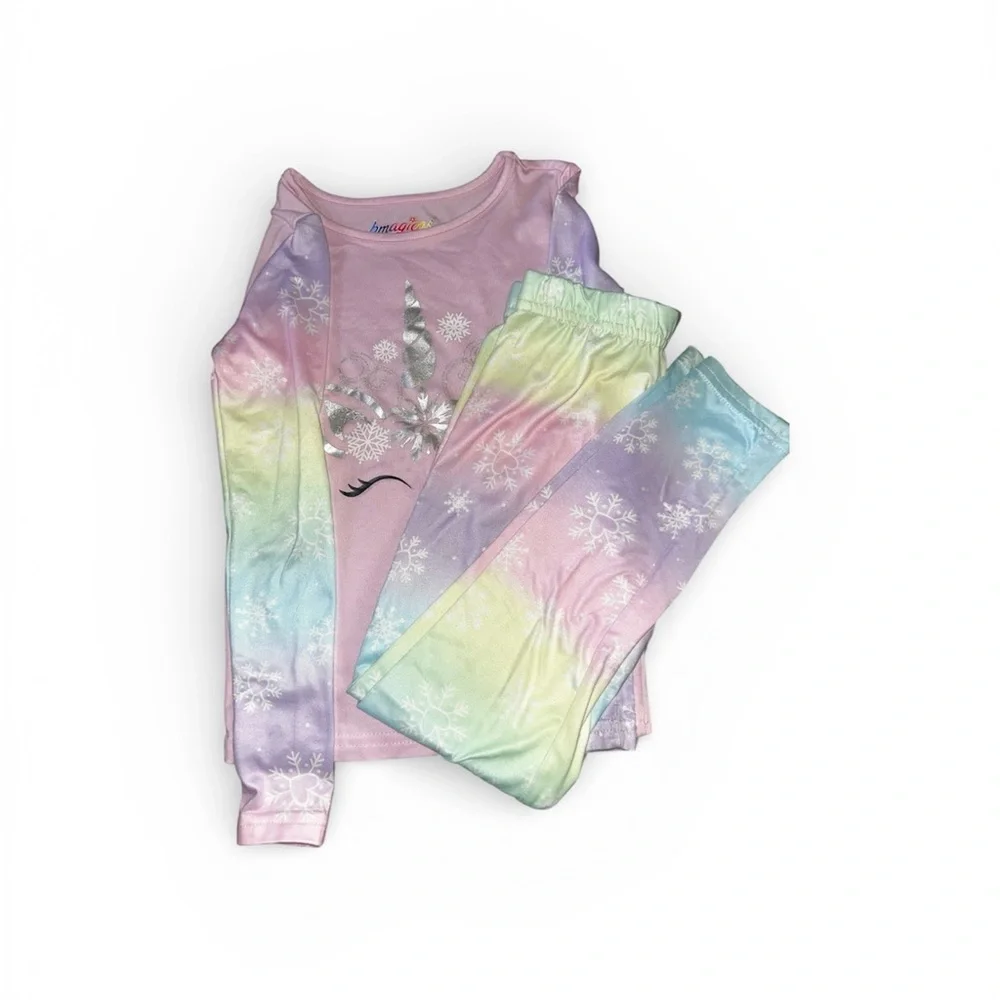 Girls Pastel Rainbow Unicorn Snowflake Pajama Set - Pink